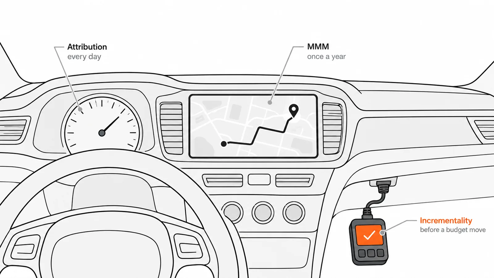 Attribution runs daily optimization, incrementality tests come before a budget move to scale or cut a channel, and MMM allocates budget across the mix once a year.